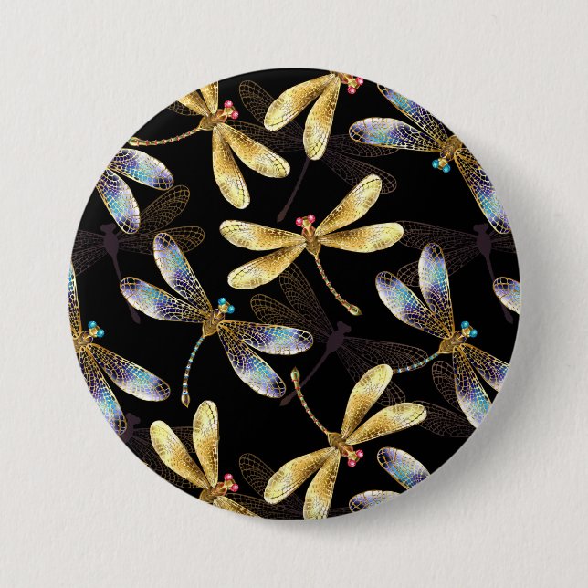 Seamless Pattern with Golden Dragonflies Button (Front)