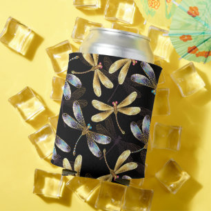 Seamless Pattern with Golden Dragonflies Can Cooler