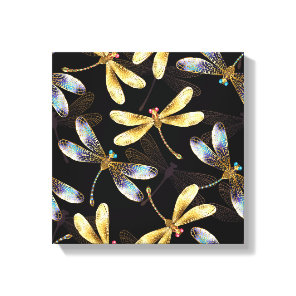 Seamless Pattern with Golden Dragonflies Canvas Print