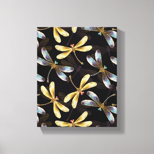 Seamless Pattern with Golden Dragonflies Canvas Print