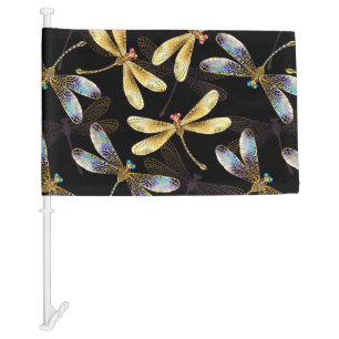 Seamless Pattern with Golden Dragonflies Car Flag