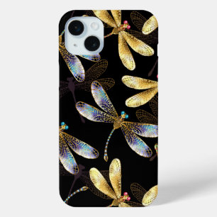 Seamless Pattern with Golden Dragonflies iPhone 15 Plus Case