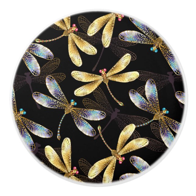 Seamless Pattern with Golden Dragonflies Ceramic Knob (Front)