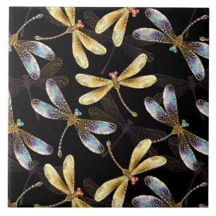 Seamless Pattern with Golden Dragonflies Ceramic Tile