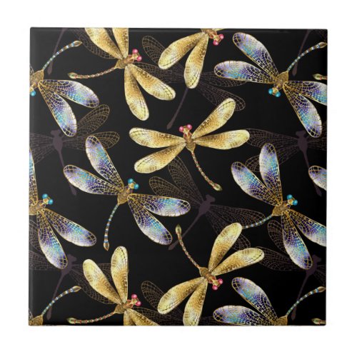 Seamless Pattern with Golden Dragonflies Ceramic Tile