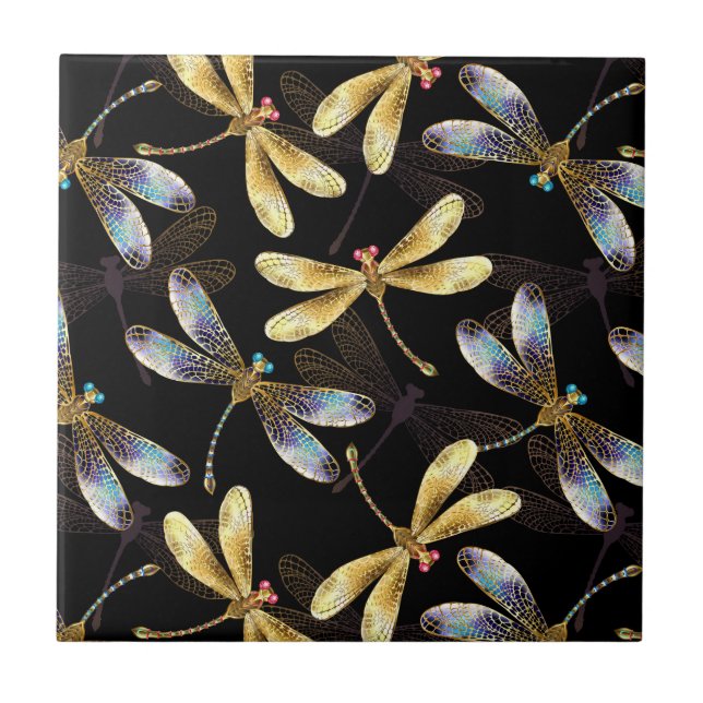 Seamless Pattern with Golden Dragonflies Ceramic Tile (Front)