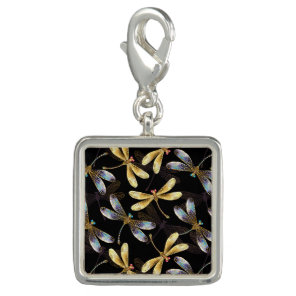 Seamless Pattern with Golden Dragonflies Charm