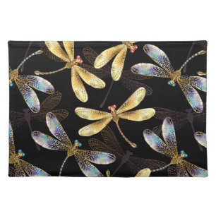 Seamless Pattern with Golden Dragonflies Cloth Placemat