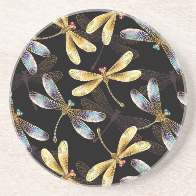 Seamless Pattern with Golden Dragonflies Coaster (Front)