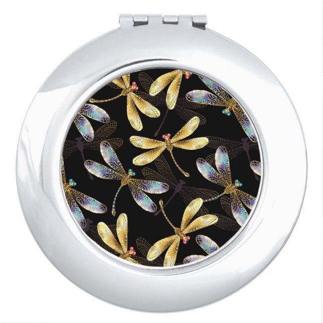 Seamless Pattern with Golden Dragonflies Compact Mirror (Front)