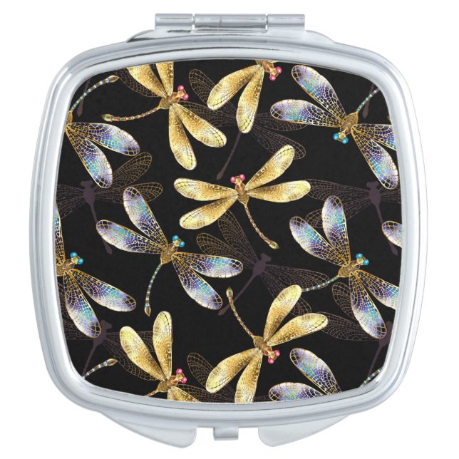 Seamless Pattern with Golden Dragonflies Compact Mirror (Front)