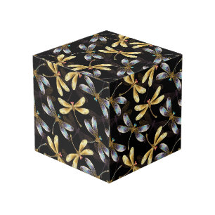 Seamless Pattern with Golden Dragonflies Cube