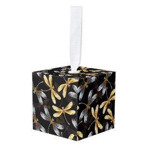 Seamless Pattern with Golden Dragonflies Cube Ornament