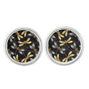 Seamless Pattern with Golden Dragonflies Cufflinks