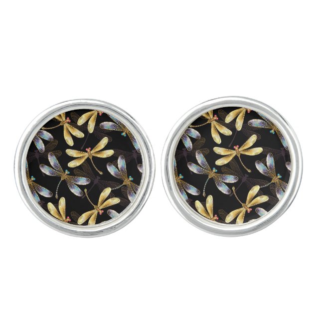 Seamless Pattern with Golden Dragonflies Cufflinks (Front)