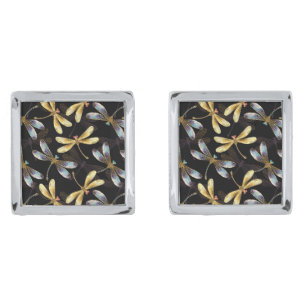 Seamless Pattern with Golden Dragonflies Cufflinks