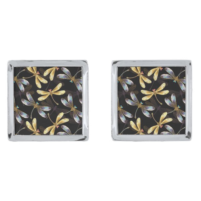 Seamless Pattern with Golden Dragonflies Cufflinks (Front)