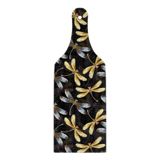 Seamless Pattern with Golden Dragonflies Cutting Board (Front)