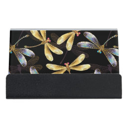 Seamless Pattern with Golden Dragonflies Desk Business Card Holder