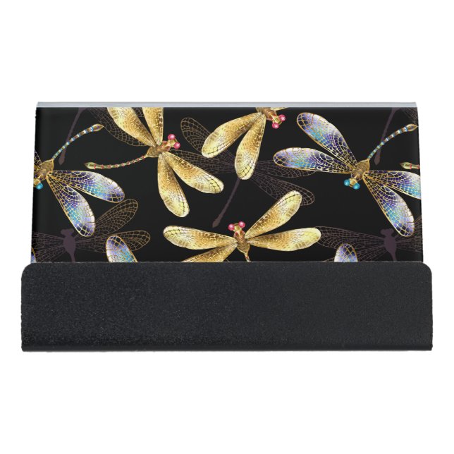 Seamless Pattern with Golden Dragonflies Desk Business Card Holder (Front)