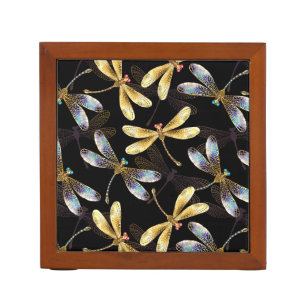 Seamless Pattern with Golden Dragonflies Desk Organizer