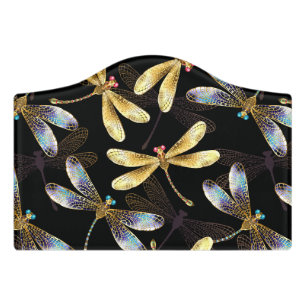 Seamless Pattern with Golden Dragonflies Door Sign