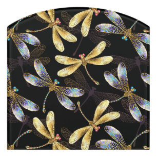Seamless Pattern with Golden Dragonflies Door Sign