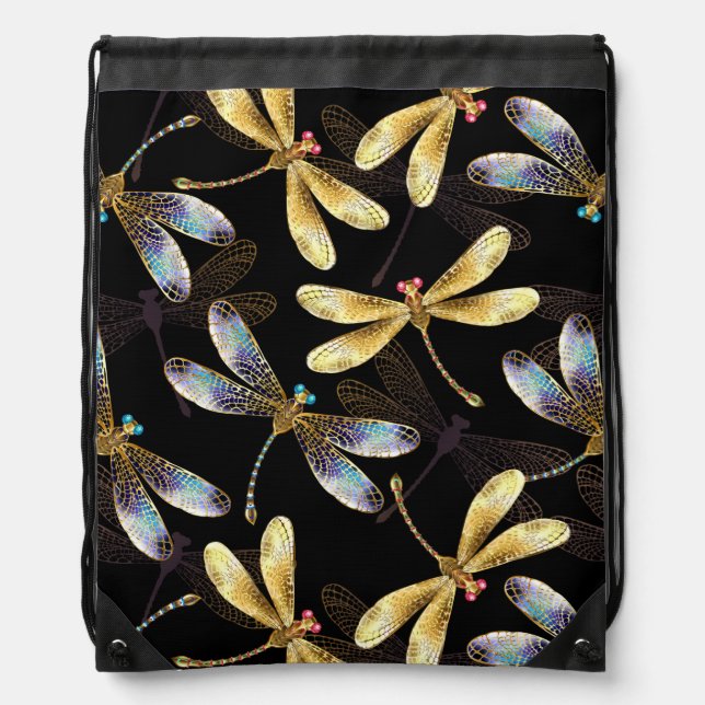 Seamless Pattern with Golden Dragonflies Drawstring Bag (Front)