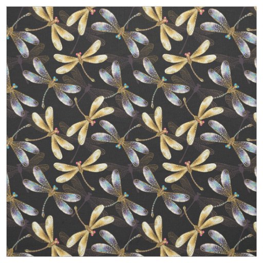 Seamless Pattern with Golden Dragonflies Fabric