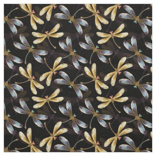 Seamless Pattern with Golden Dragonflies Fabric