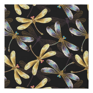 Seamless Pattern with Golden Dragonflies Faux Canvas Print