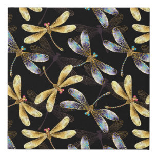 Seamless Pattern with Golden Dragonflies Faux Canvas Print