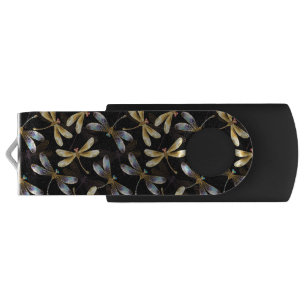 Seamless Pattern with Golden Dragonflies Flash Drive