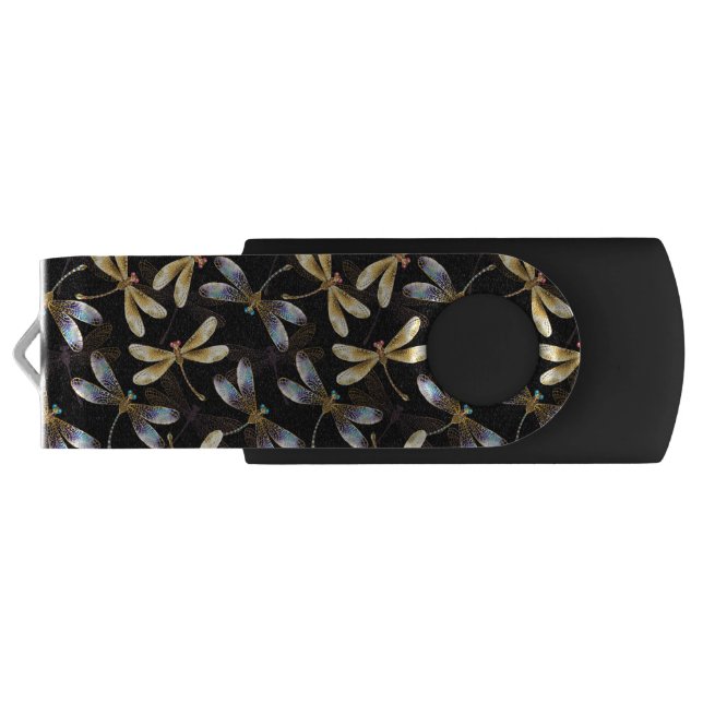 Seamless Pattern with Golden Dragonflies Flash Drive (Back)