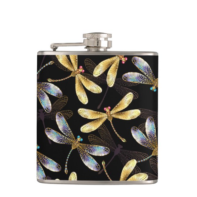 Seamless Pattern with Golden Dragonflies Flask (Front)