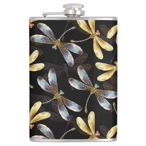 Seamless Pattern with Golden Dragonflies Flask