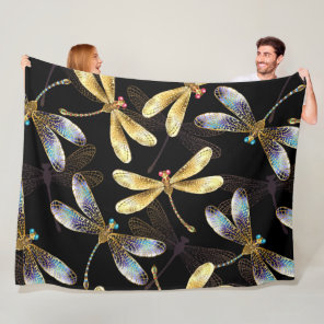Seamless Pattern with Golden Dragonflies Fleece Blanket