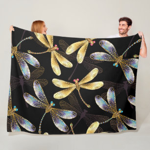 Seamless Pattern with Golden Dragonflies Fleece Blanket