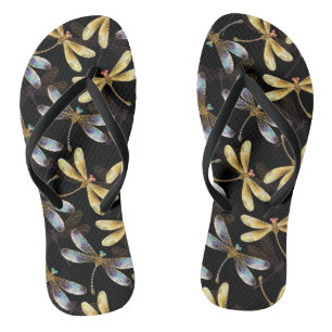 Seamless Pattern with Golden Dragonflies Flip Flops