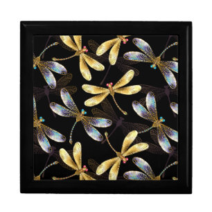 Seamless Pattern with Golden Dragonflies Gift Box