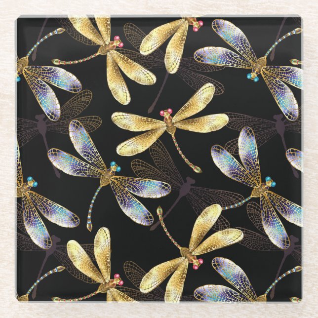 Seamless Pattern with Golden Dragonflies Glass Coaster (Front)