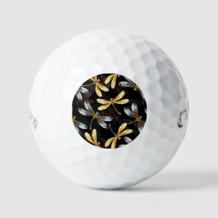 Seamless Pattern with Golden Dragonflies Golf Balls
