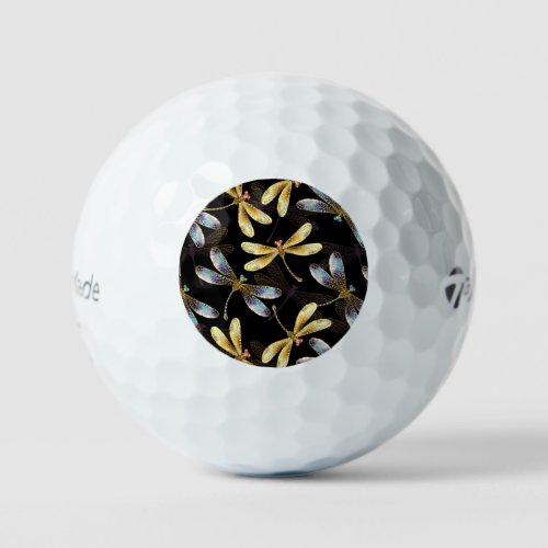 Seamless Pattern with Golden Dragonflies Golf Balls