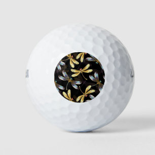 Seamless Pattern with Golden Dragonflies Golf Balls