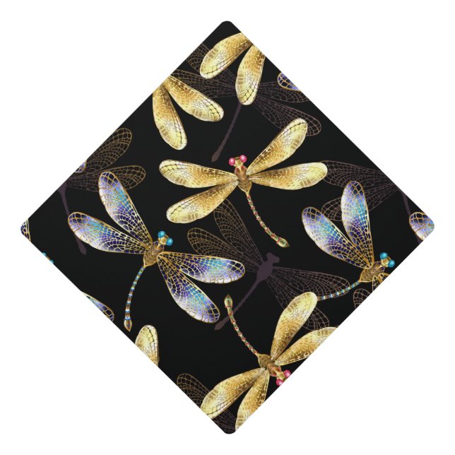 Seamless Pattern with Golden Dragonflies Graduation Cap Topper (Front)
