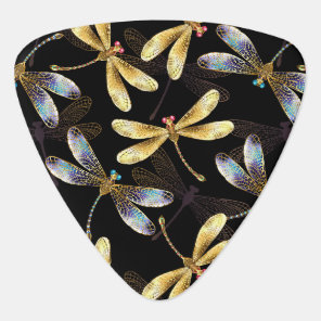 Seamless Pattern with Golden Dragonflies Guitar Pick