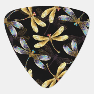 Seamless Pattern with Golden Dragonflies Guitar Pick