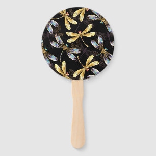 Seamless Pattern with Golden Dragonflies Hand Fan