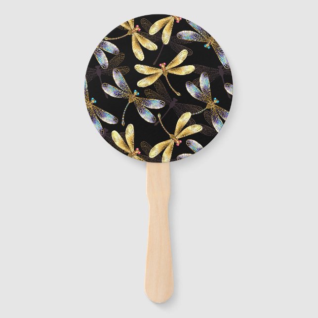 Seamless Pattern with Golden Dragonflies Hand Fan (Front)