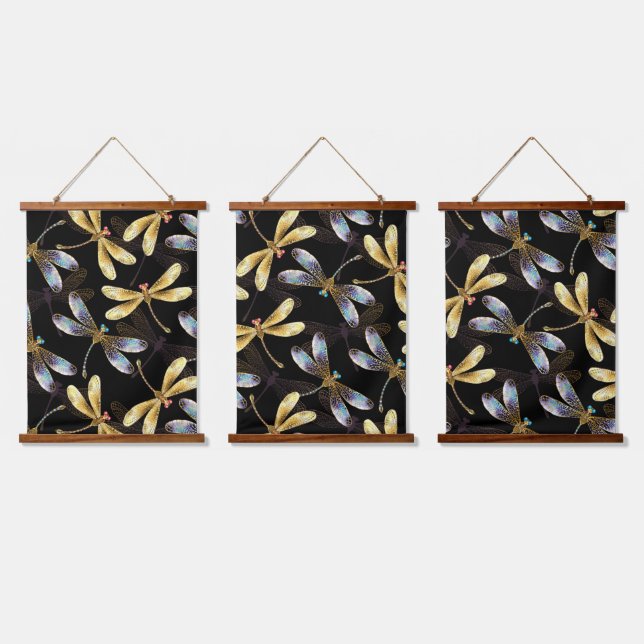 Seamless Pattern with Golden Dragonflies Hanging Tapestry (Triple)